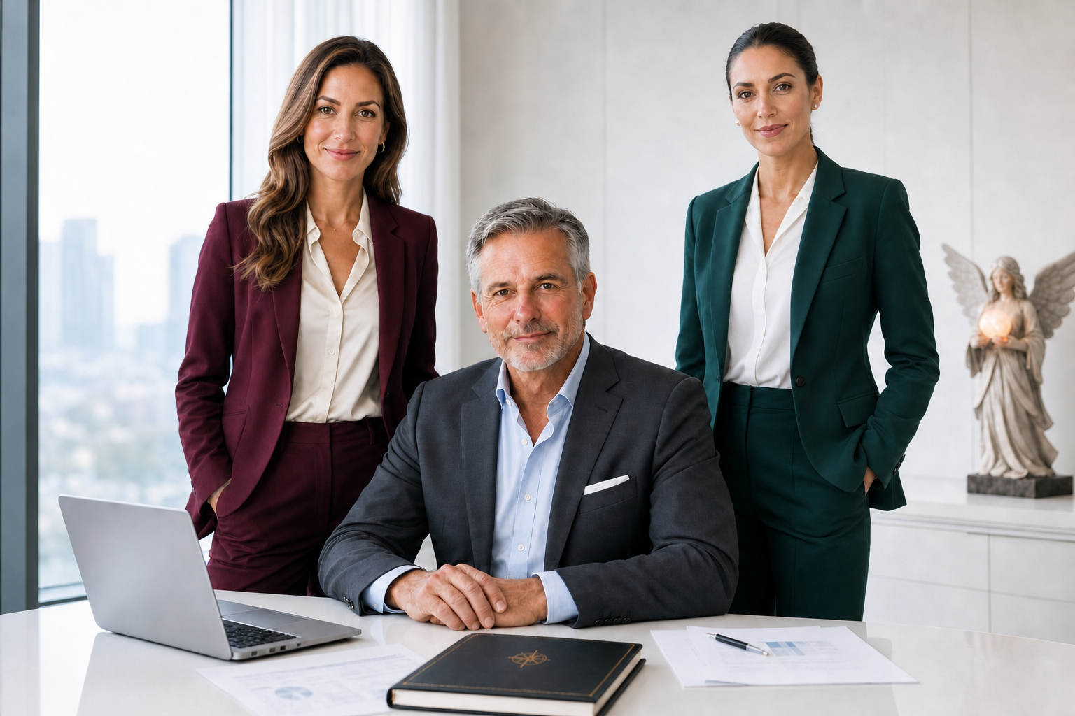 CEO and founder of Astrosystema seated at his executive desk in a modern office, accompanied by two female secretaries standing on either side, with an angel statue visible in the background.